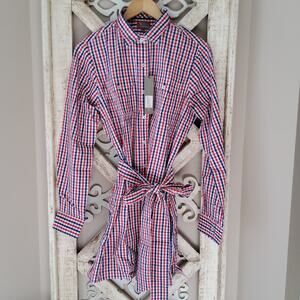 Pennington Bailes Women's Long Sleeve Belted Button Down Cotton Blouse Red Navy